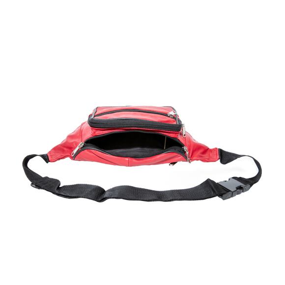Red Leather Fanny Pack with Multiple Zipper Pockets for Travel & Everyday Use - Picture 3 of 4